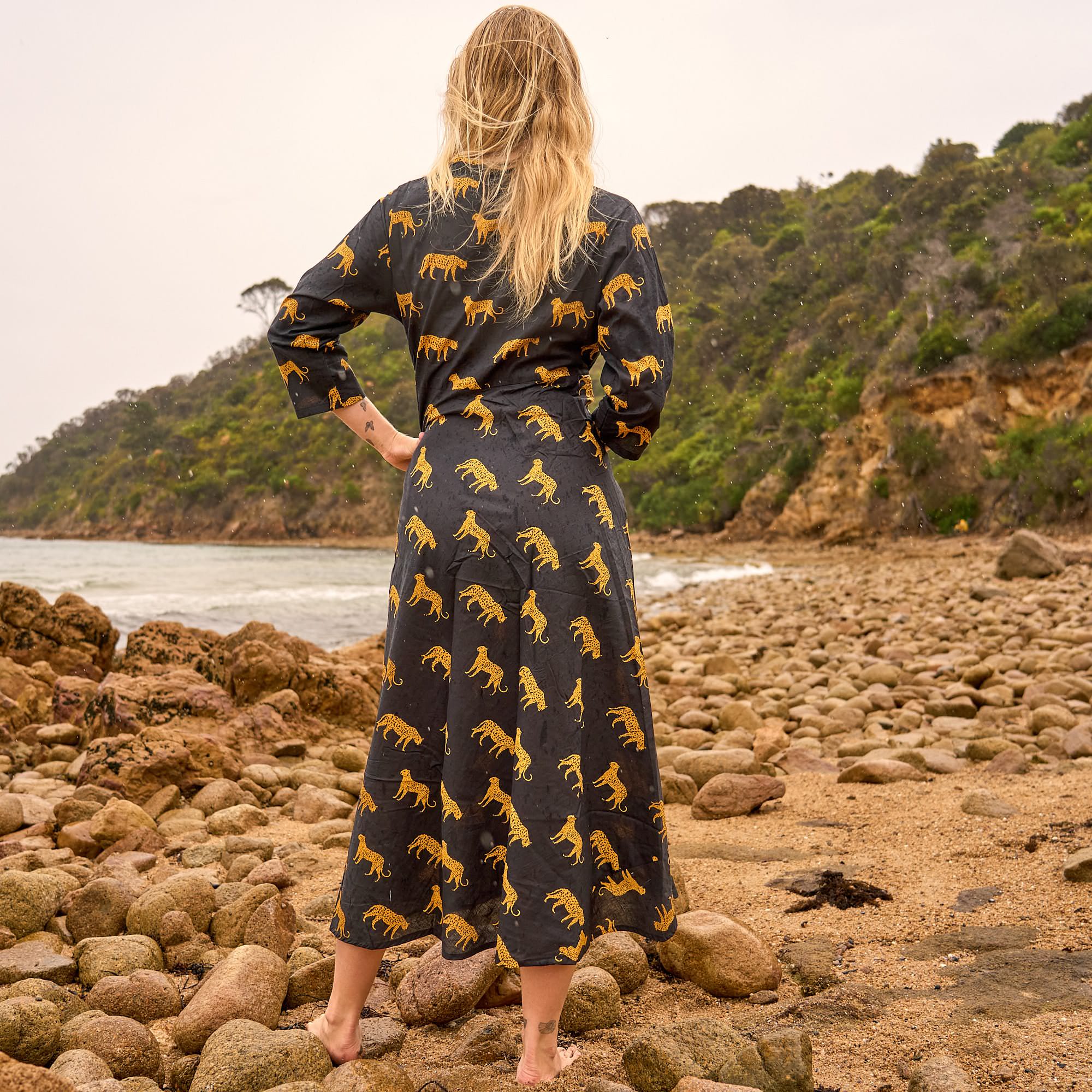 Wild Spirit Cotton Maxi Dress – Hand Screen-Printed Safari Style in Black & Gold
