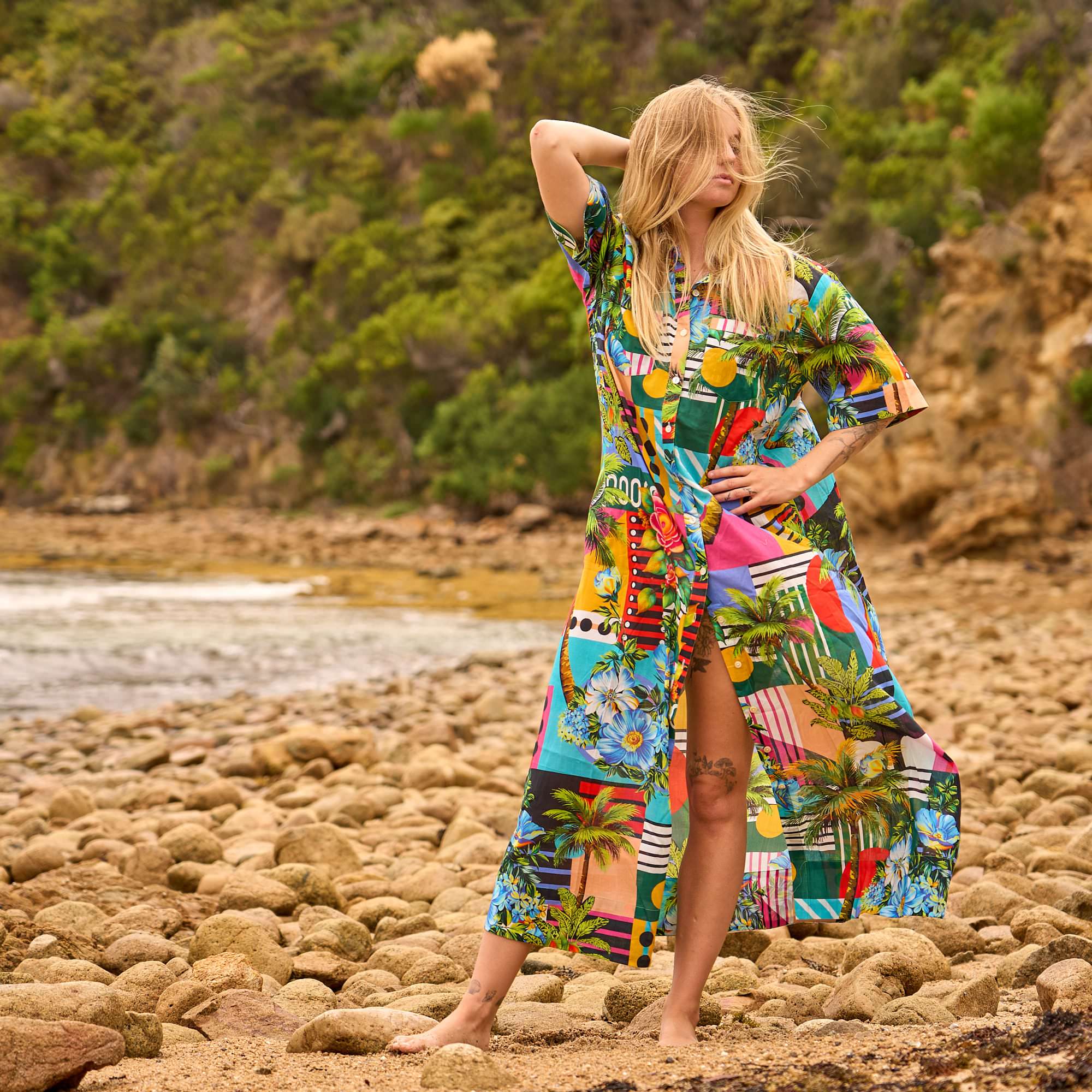 Tropical paradise cotton maxi dress for beach and resort wear