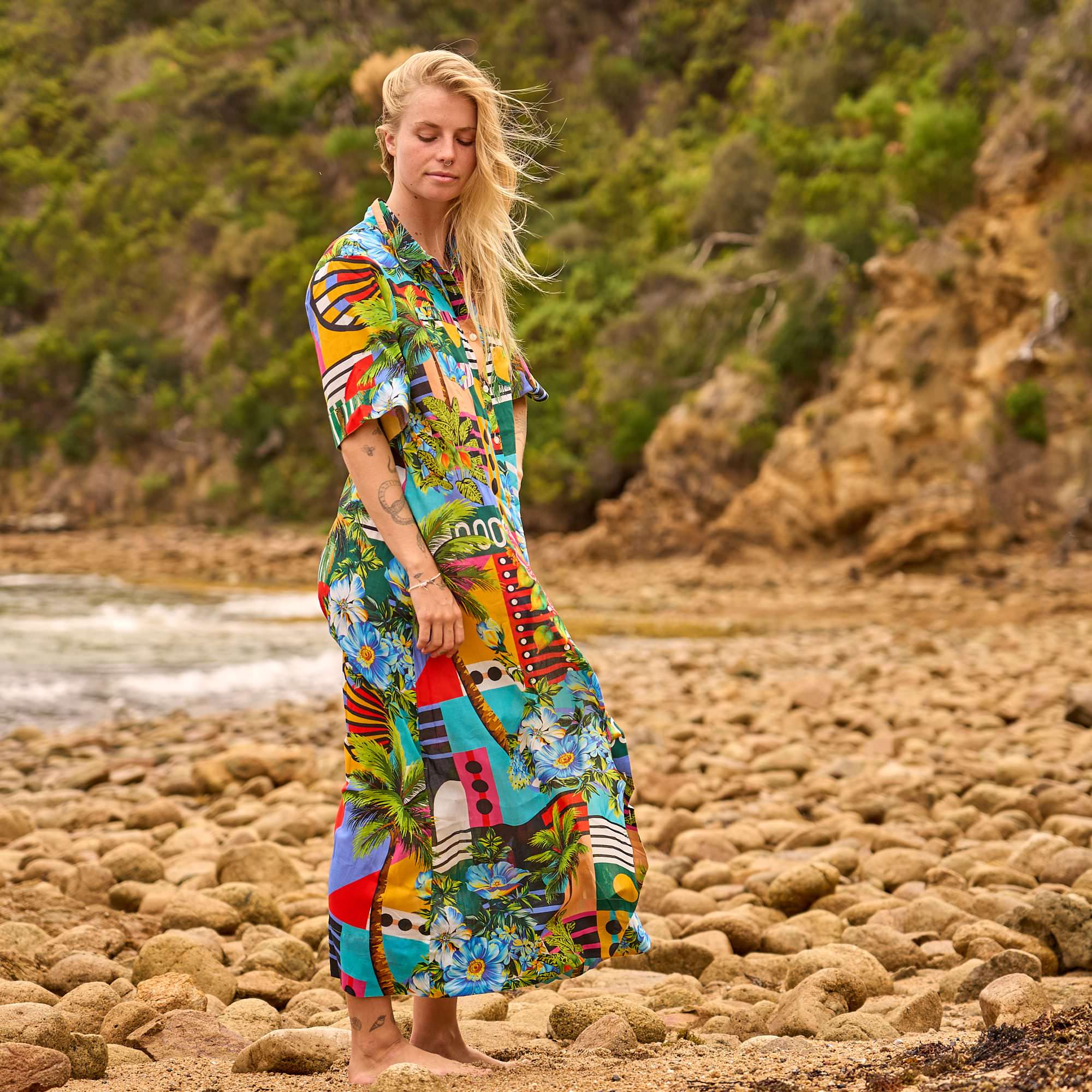 Tropical print shirt dress styled as beach cover up
