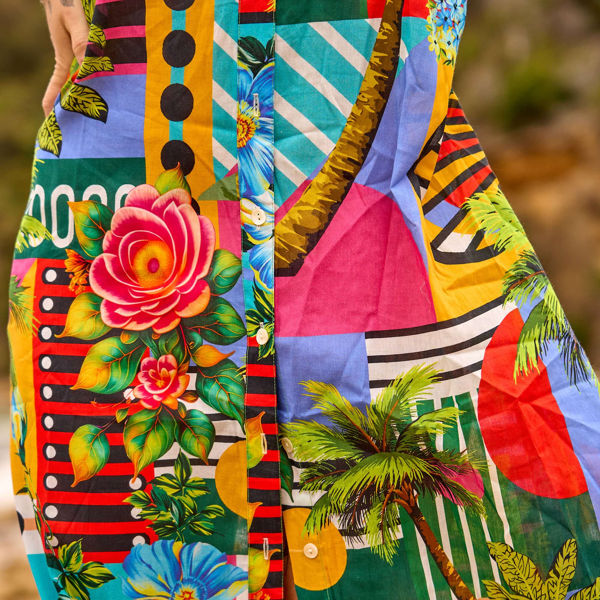 Colourful resort wear maxi dress with button front design