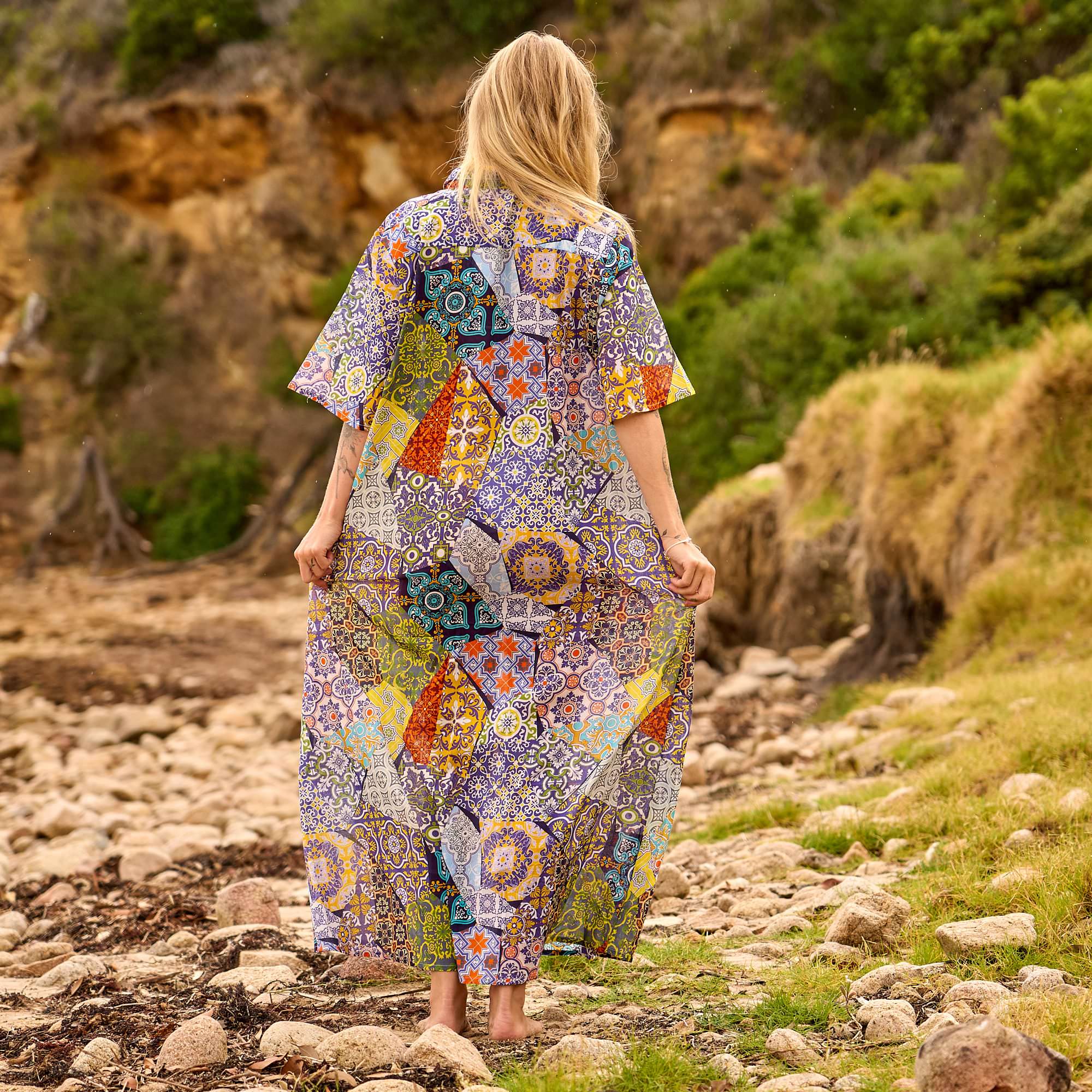 oversized boho dress back view patchwork print