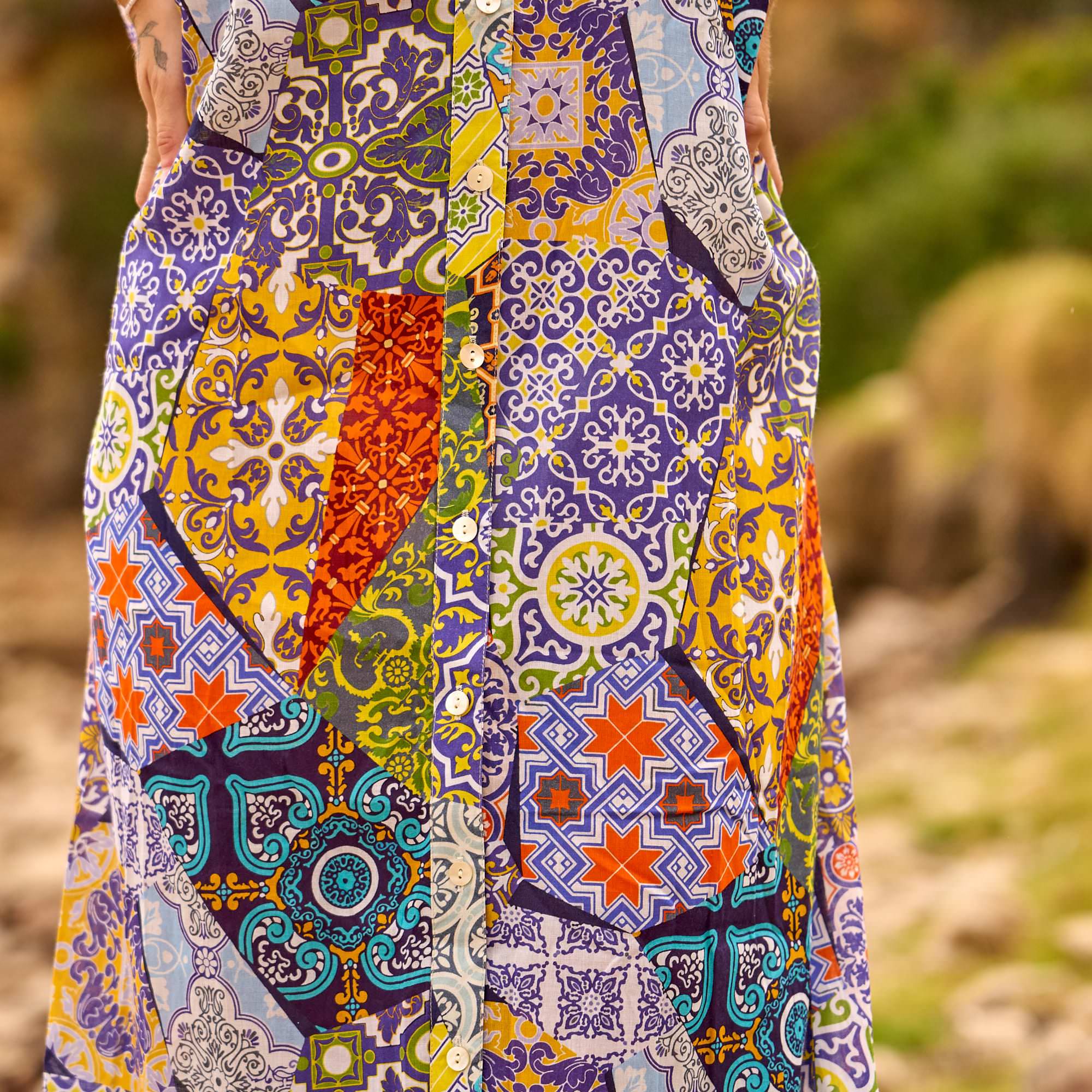 detail shot patchwork tile print button front dress