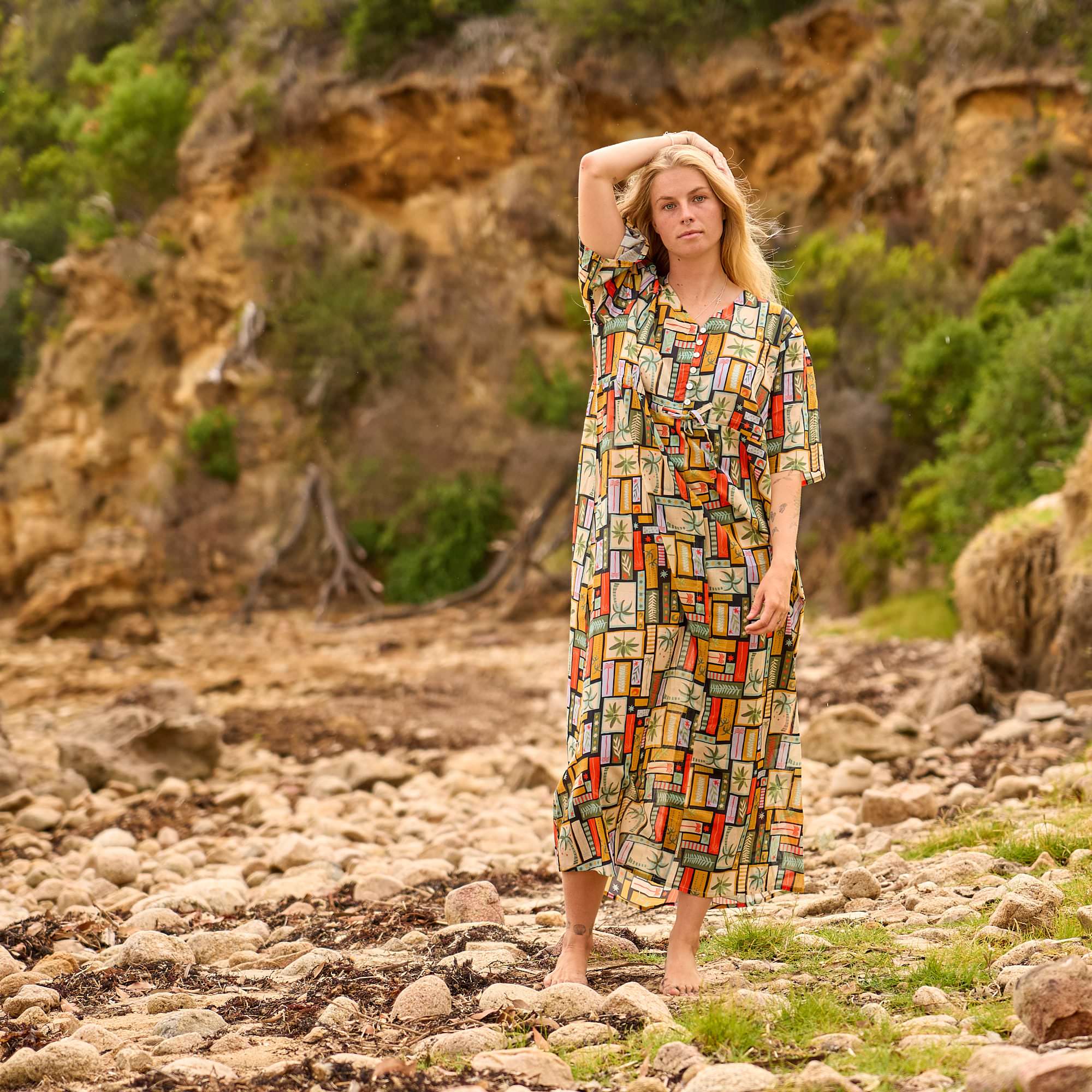 One size relaxed fit maxi dress styled outdoors beach setting