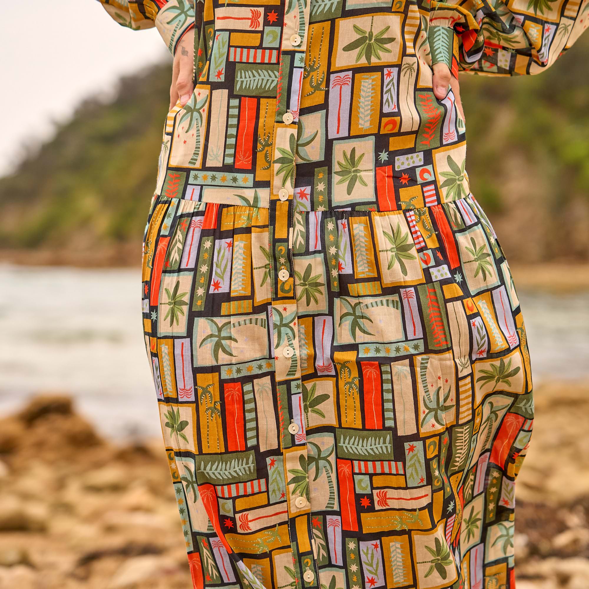 close up geometric print shirt dress buttons