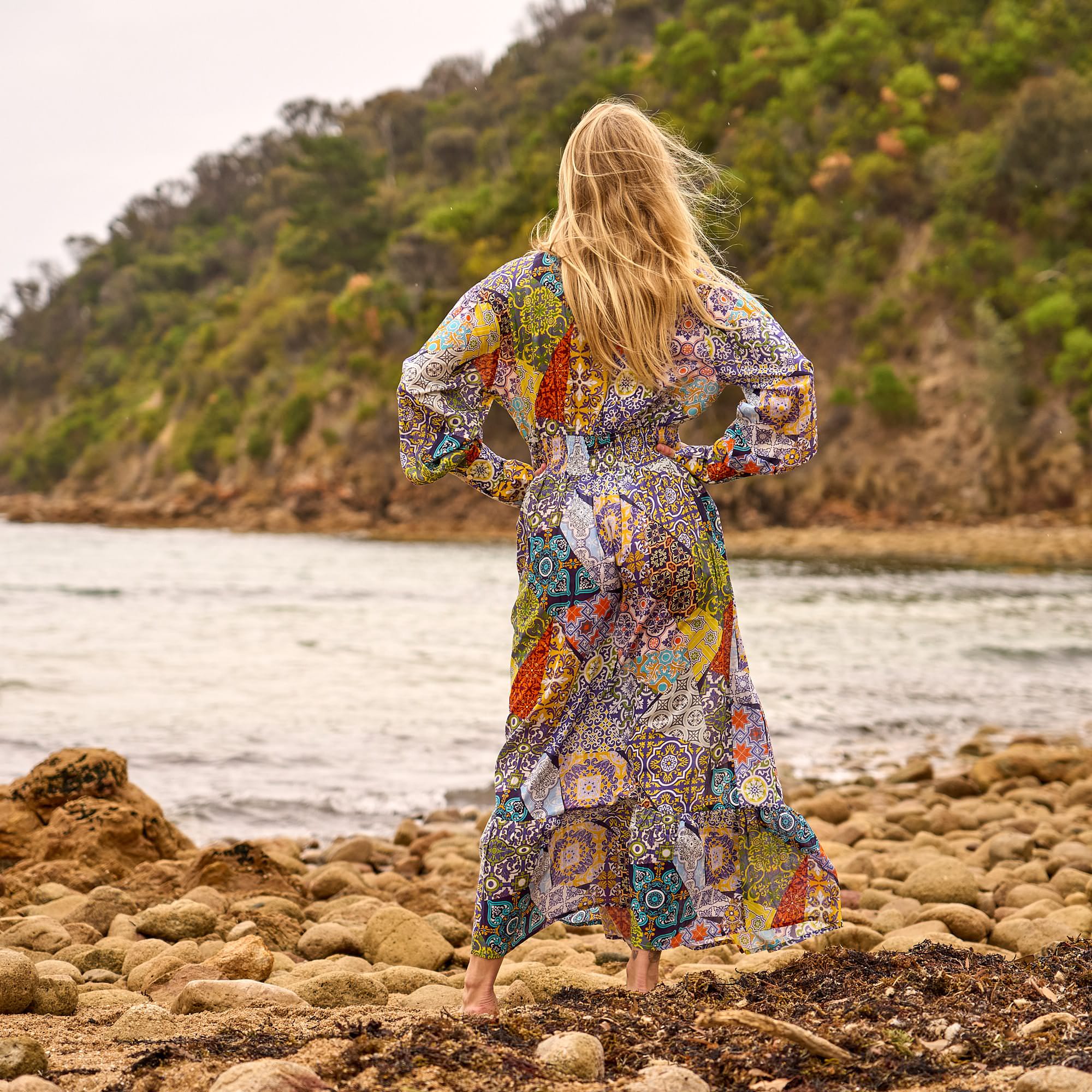 Artistic patchwork dress women resort wear