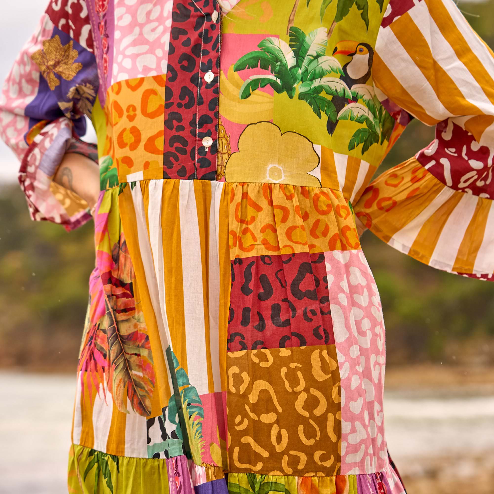 printed maxi dress fabric detail close up