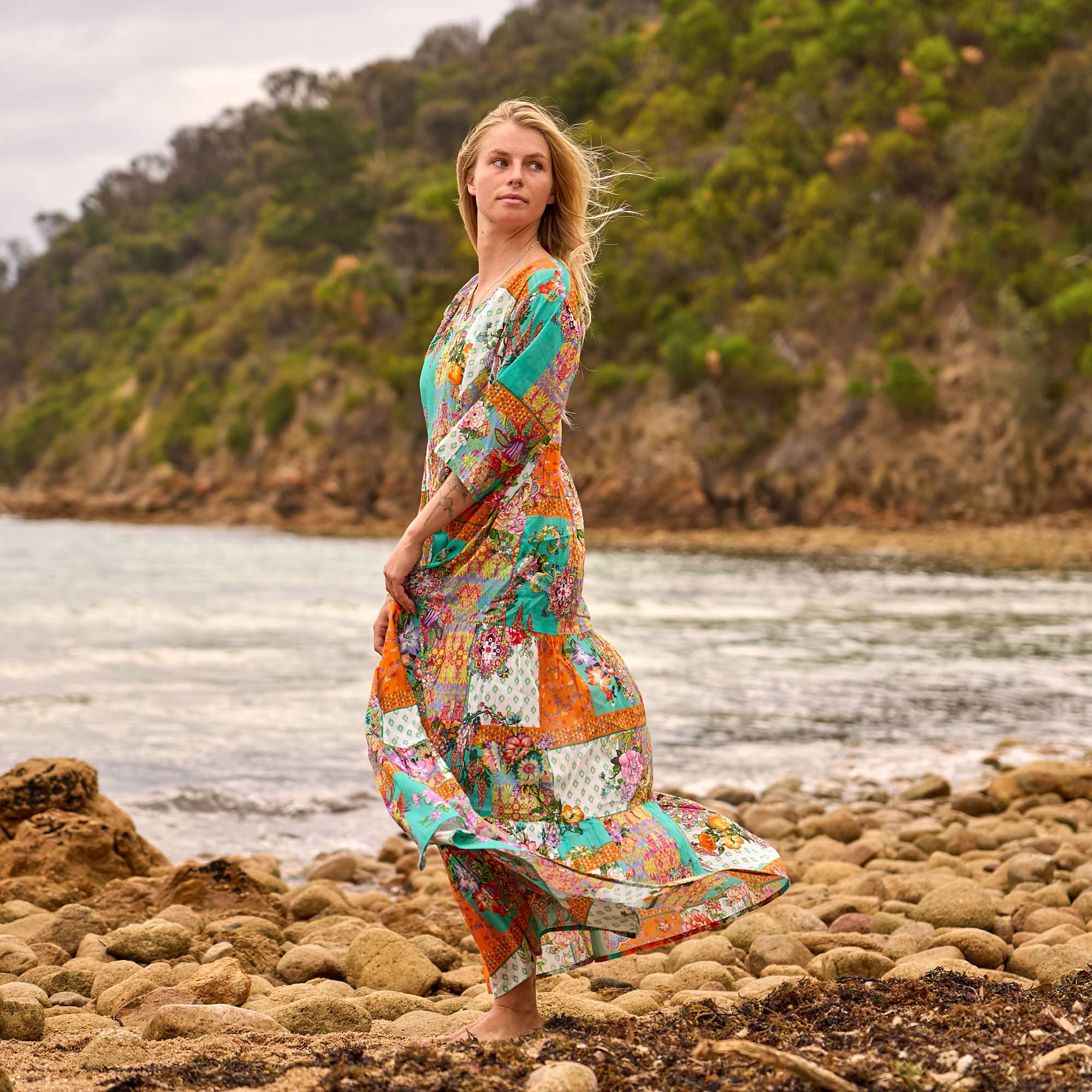 Boho handmade cotton patchwork dress coastal style