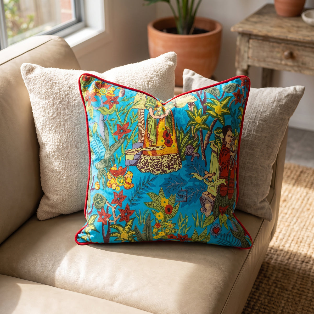 Colourful tropical cushion cover with red piping on couch