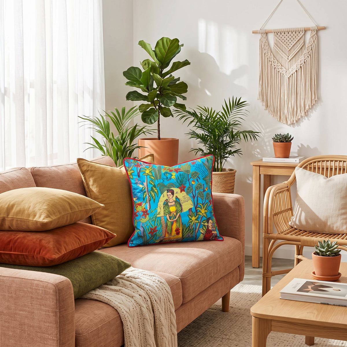 45x45cm tropical cushion cover styled in living room
