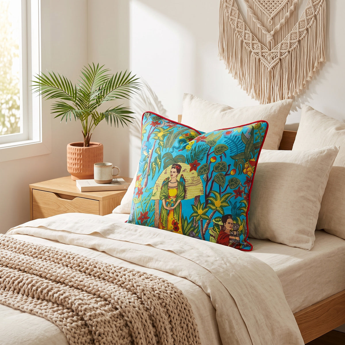 Boho blue cushion cover with botanical portrait design