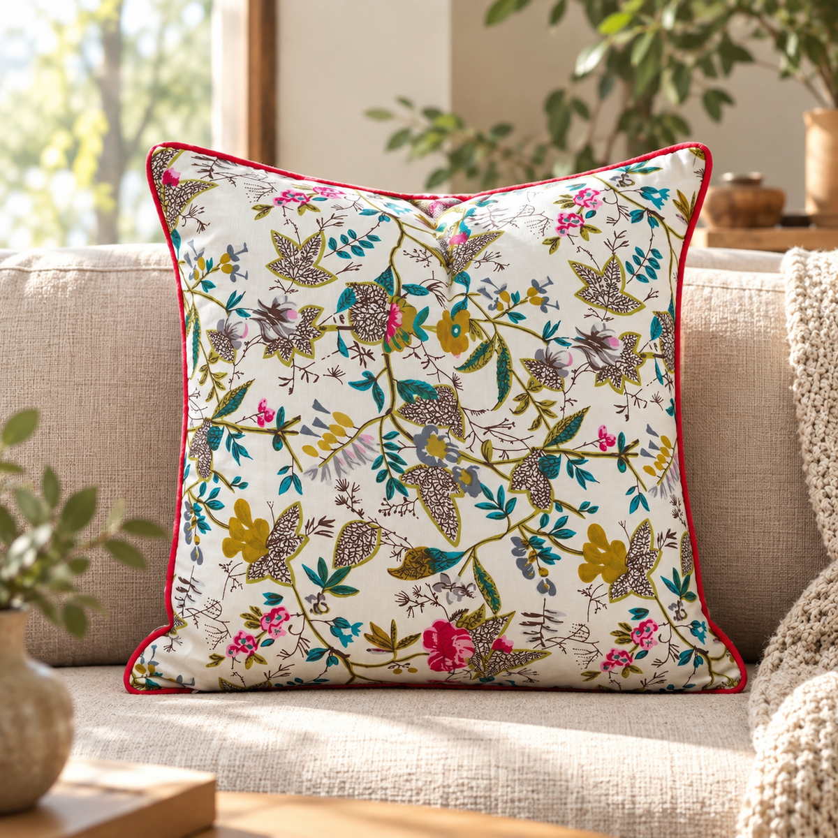 Floral Cotton Cushion Cover – White Botanical Sofa Cushion 50x50cms