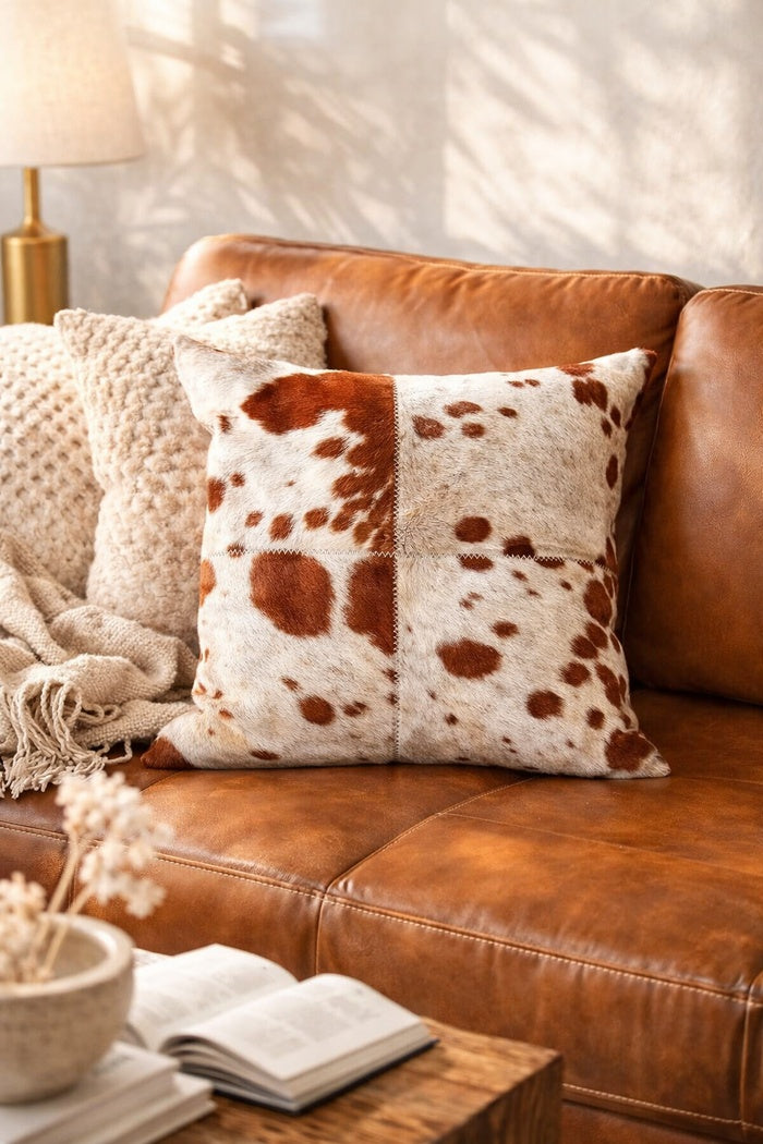 Brown and white cowhide cushion cover 40x40 with natural leather texture
