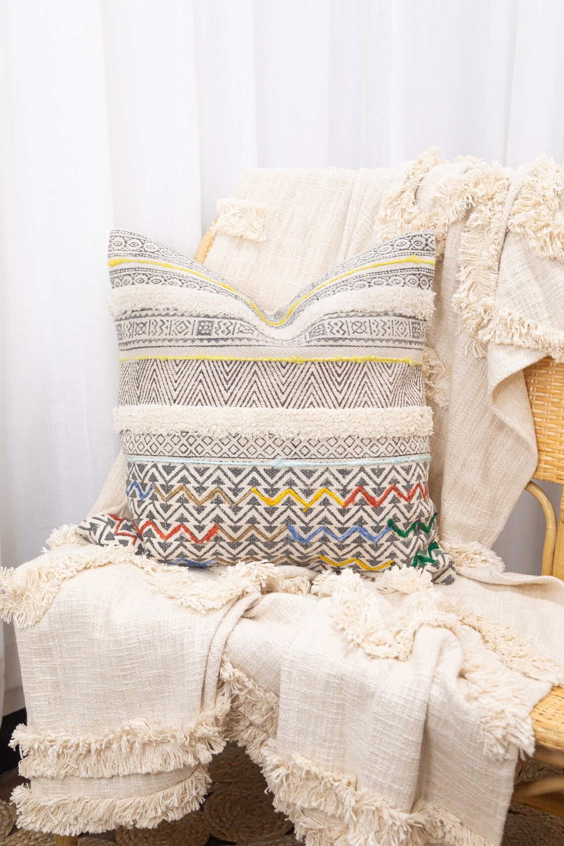 Linen Connections Tassel Hand Tufted Cushion Cover Moroccan Boho 'Shaggy' Beni Ourain Style Cushion Cover - Berber Style Cushion Cover