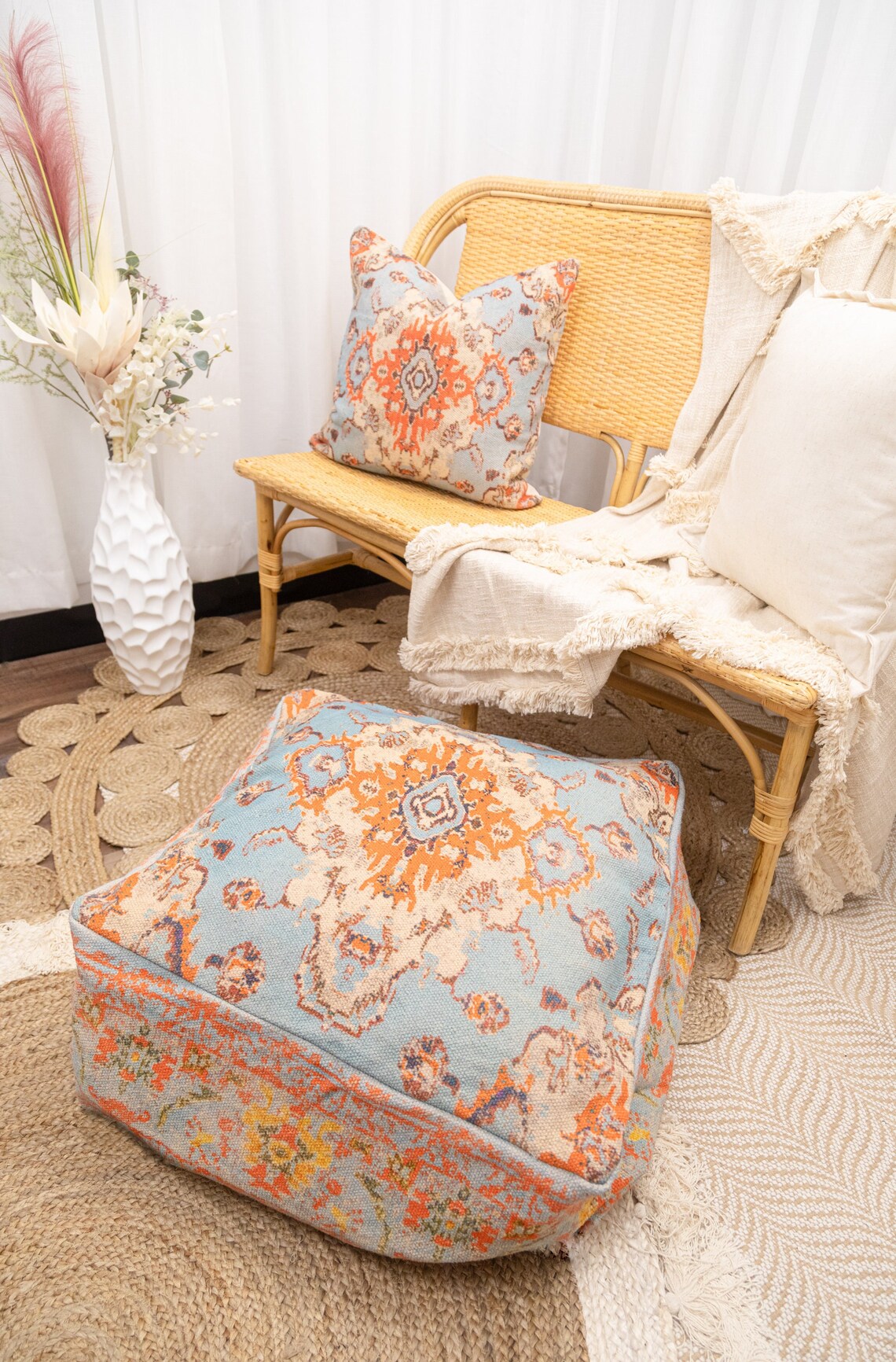 Moroccan Ottoman Cushion Cover, Pouf, Footstool - Cyan
