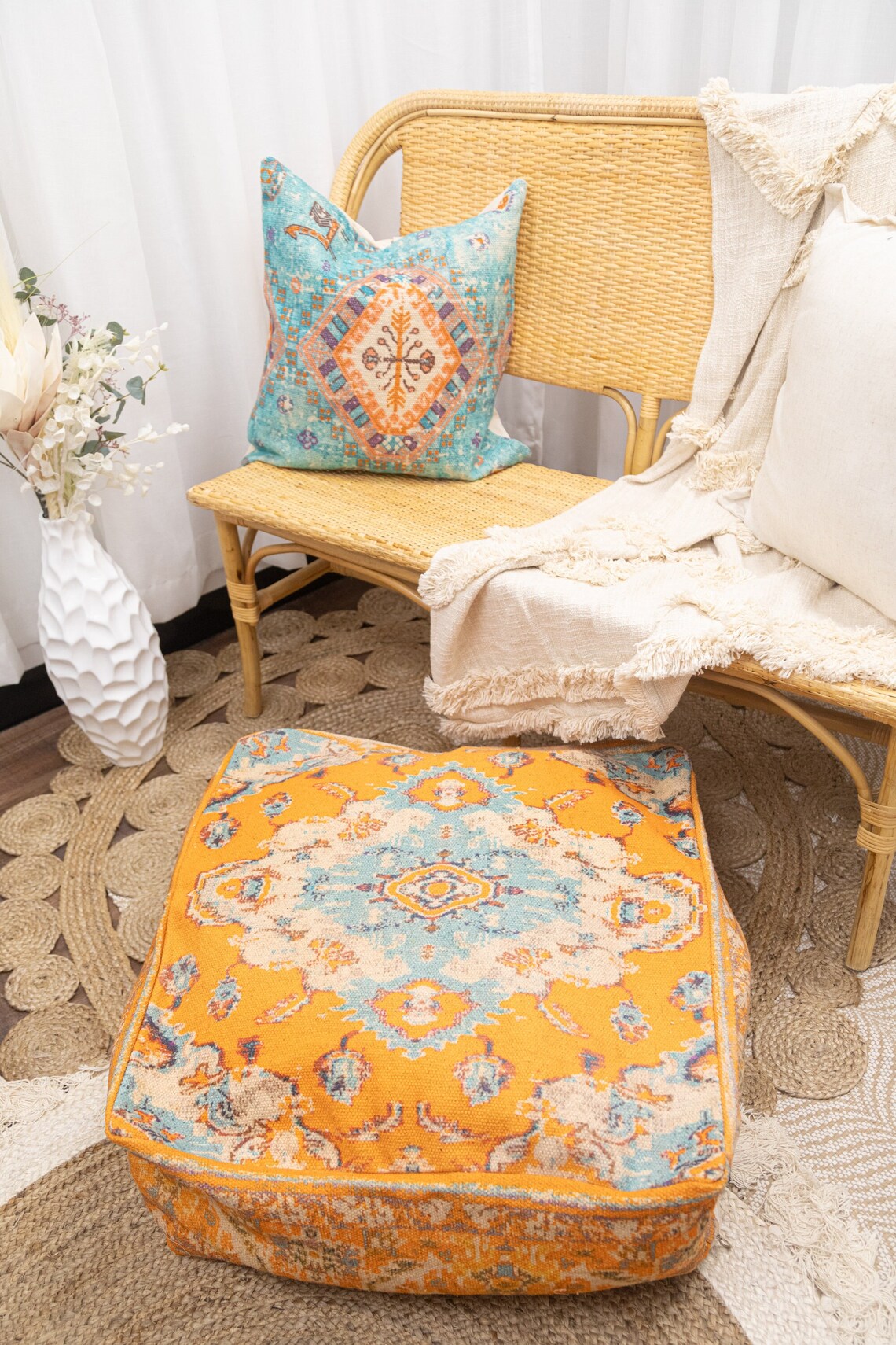 Moroccan Ottoman Cushion Cover, Pouf, Footstool - Orange