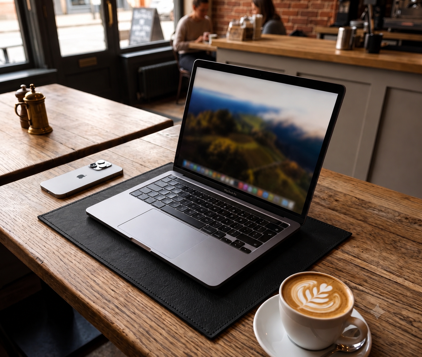 Premium black leather desk mat on office desk with laptop and keyboard