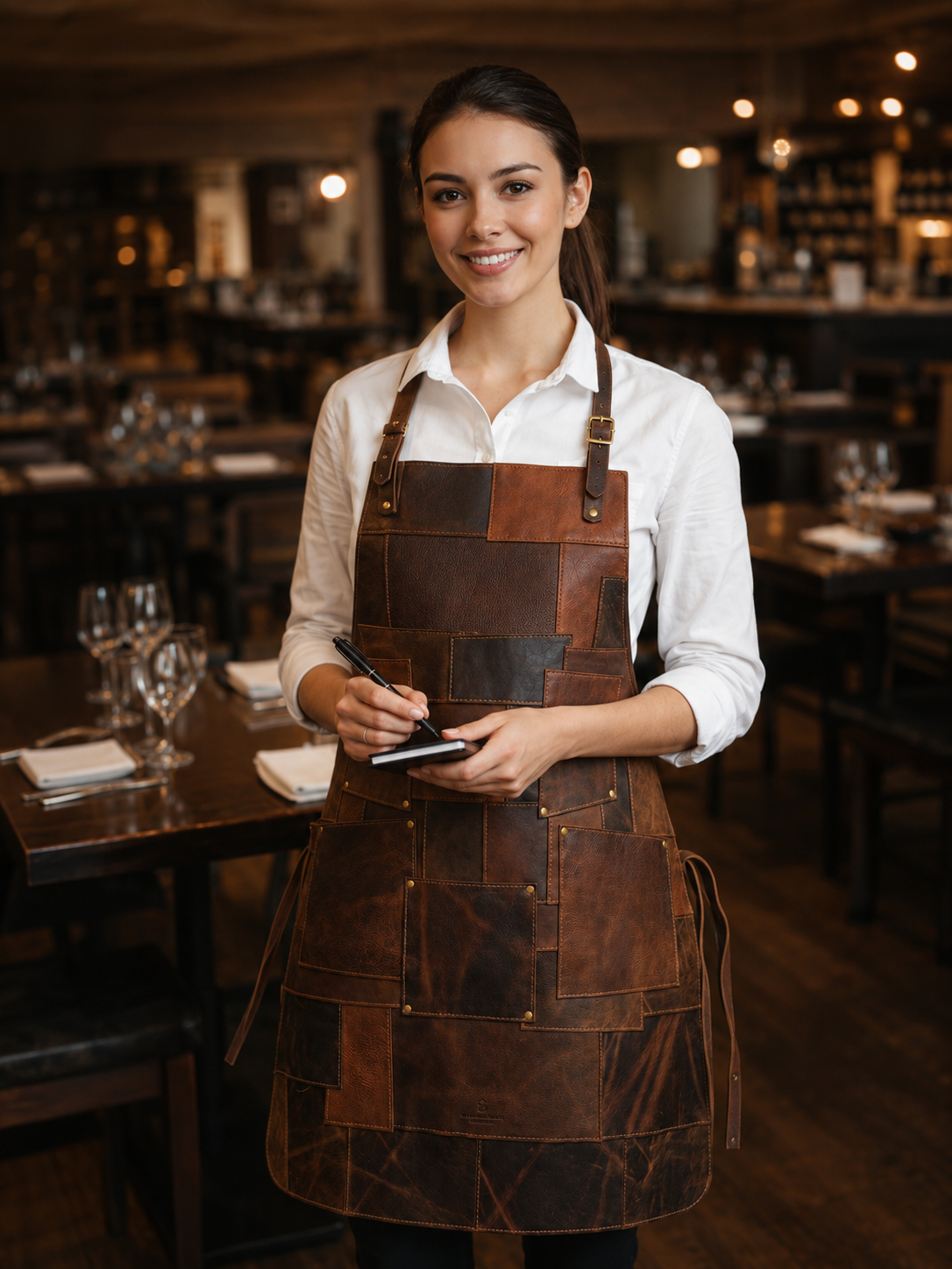 Handmade full-grain leather patchwork apron for baristas, chefs, and BBQ enthusiasts