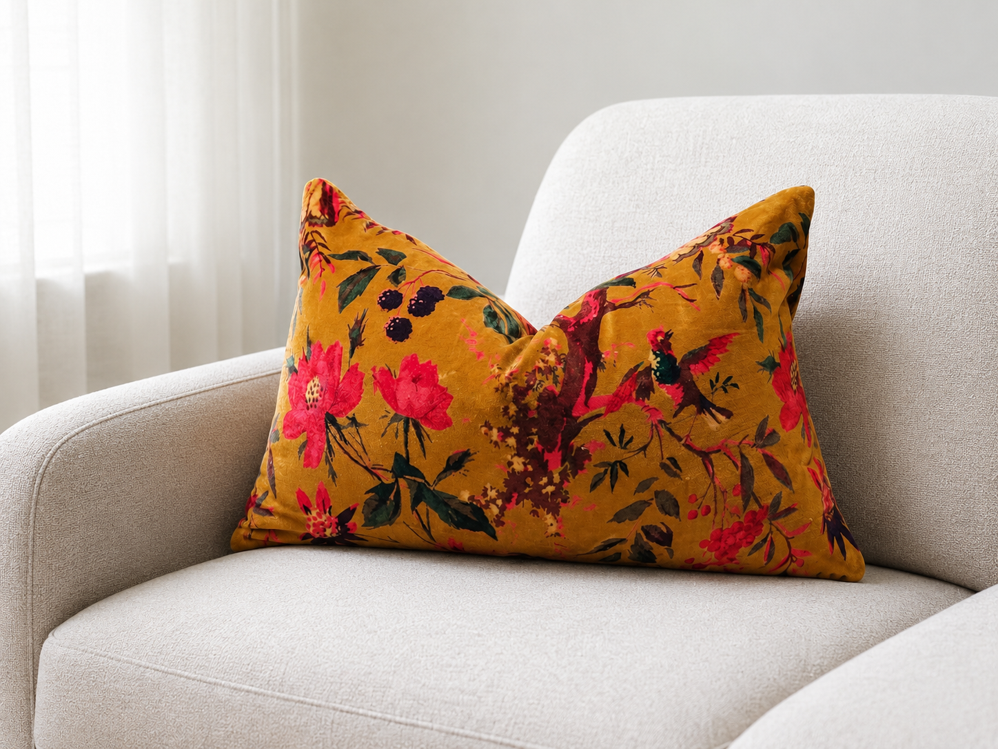 Bird Mustard Lumbar Cotton Velvet Cushion Cover 30x50cm Decorative Sofa Pillow Cover
