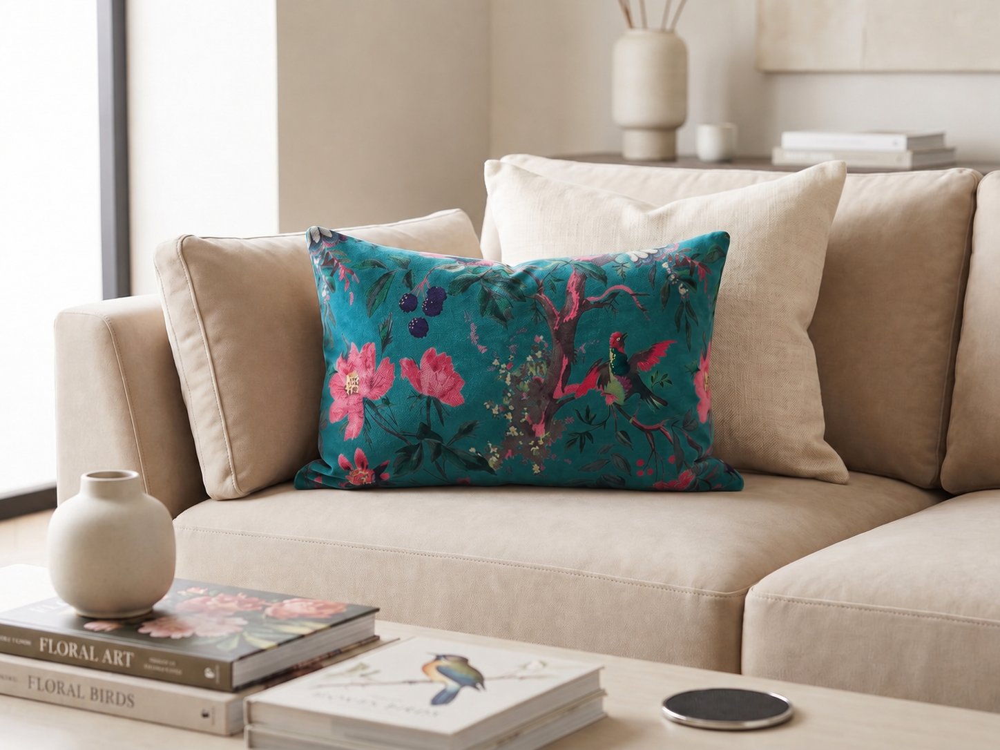 Teal lumbar cushion on bed with neutral bedding aesthetic styling