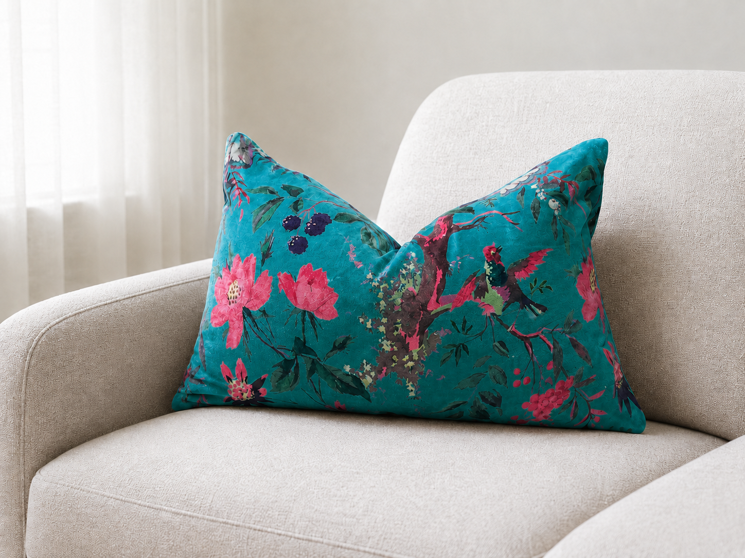 Teal floral lumbar cushion 30x50 on beige sofa modern living room