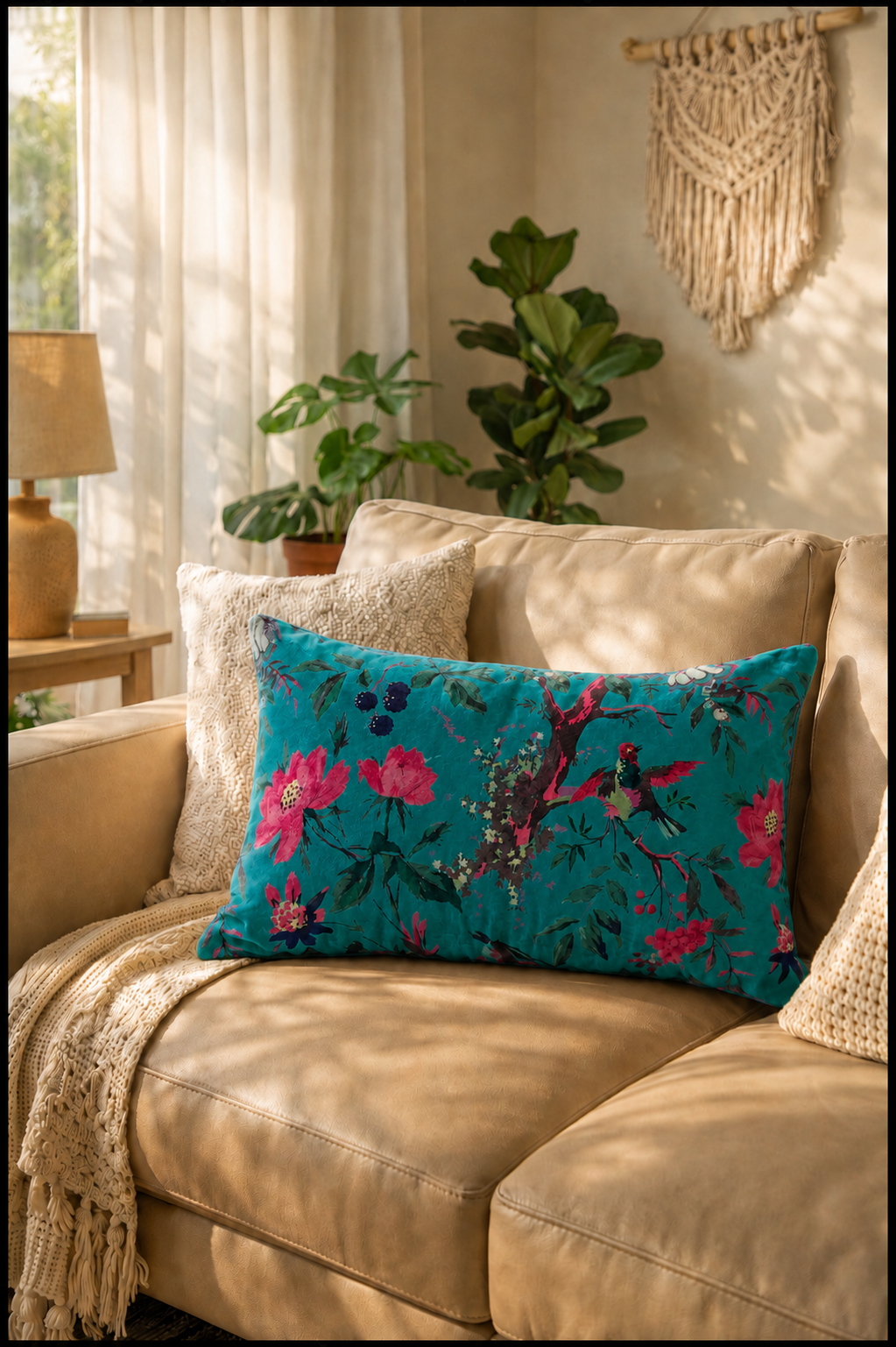 Boho styled teal cushion on neutral couch with warm sunlight