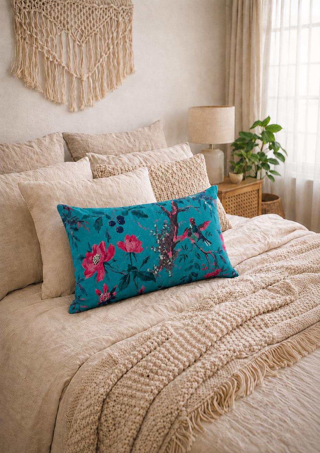 Velvet teal bird print cushion cover close-up texture detail