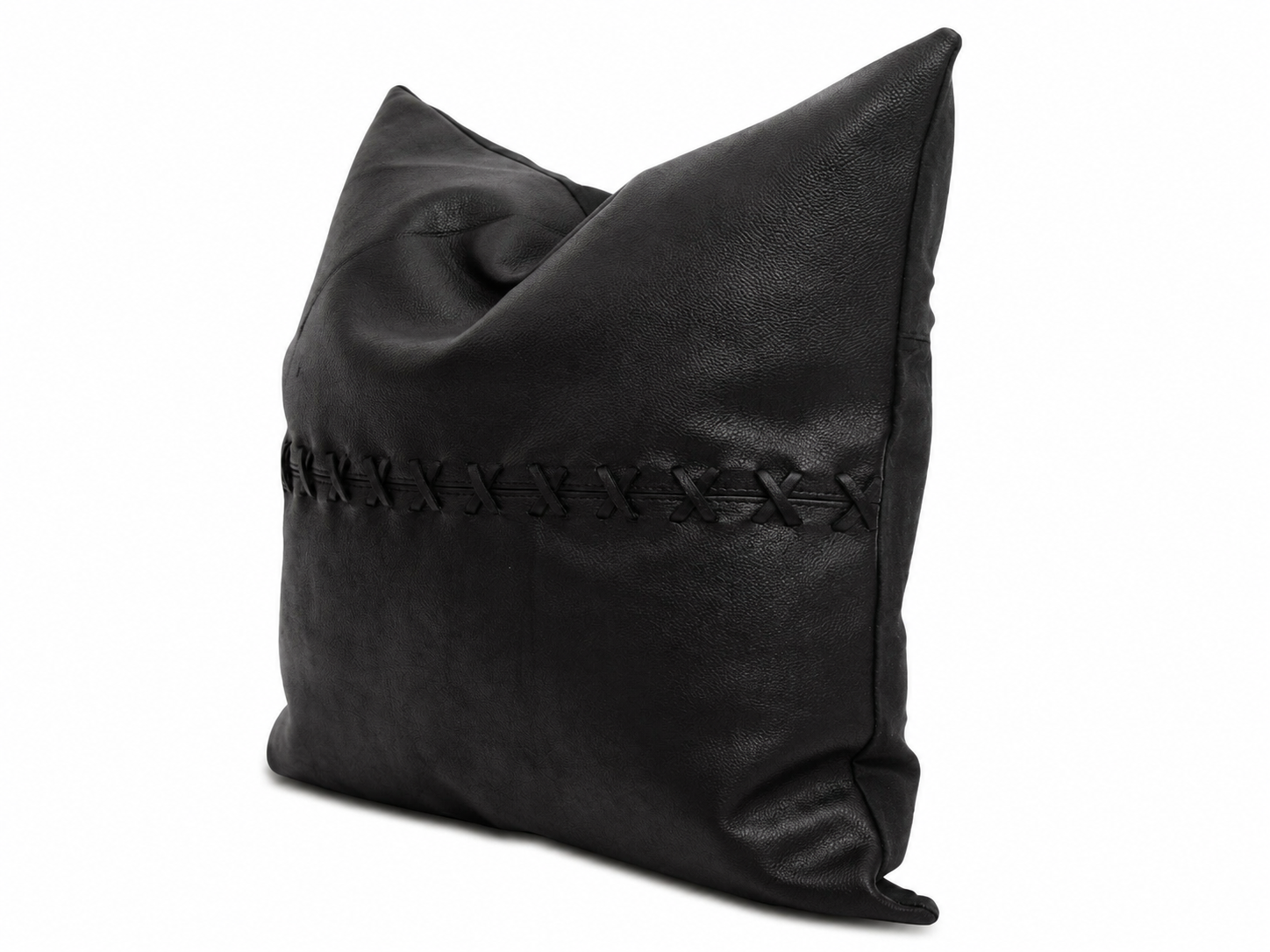 Black leather pillow with woven pattern on a white background