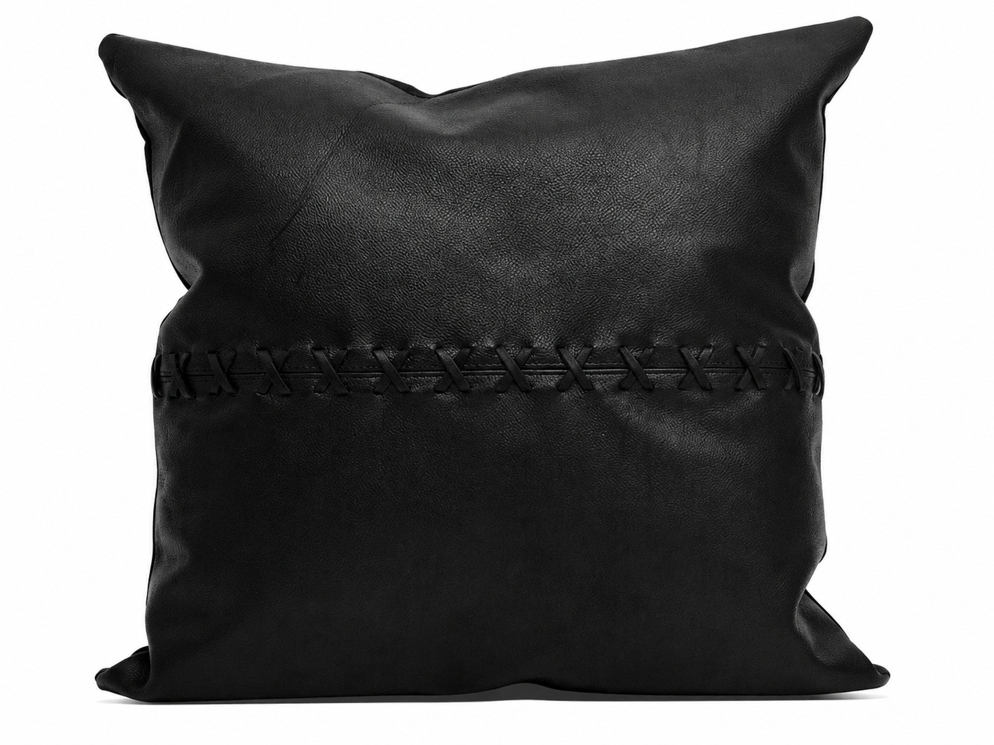 Black leather pillow with braided detail on a white background