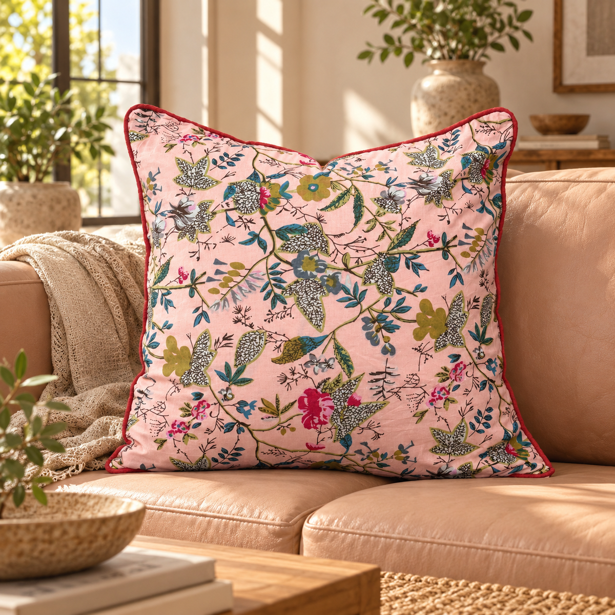 Pink floral bird cotton velvet cushion cover styled on tan leather sofa