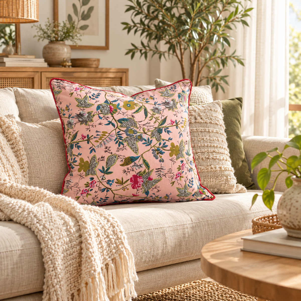 Pale pink botanical cushion cover with bird and floral branch print