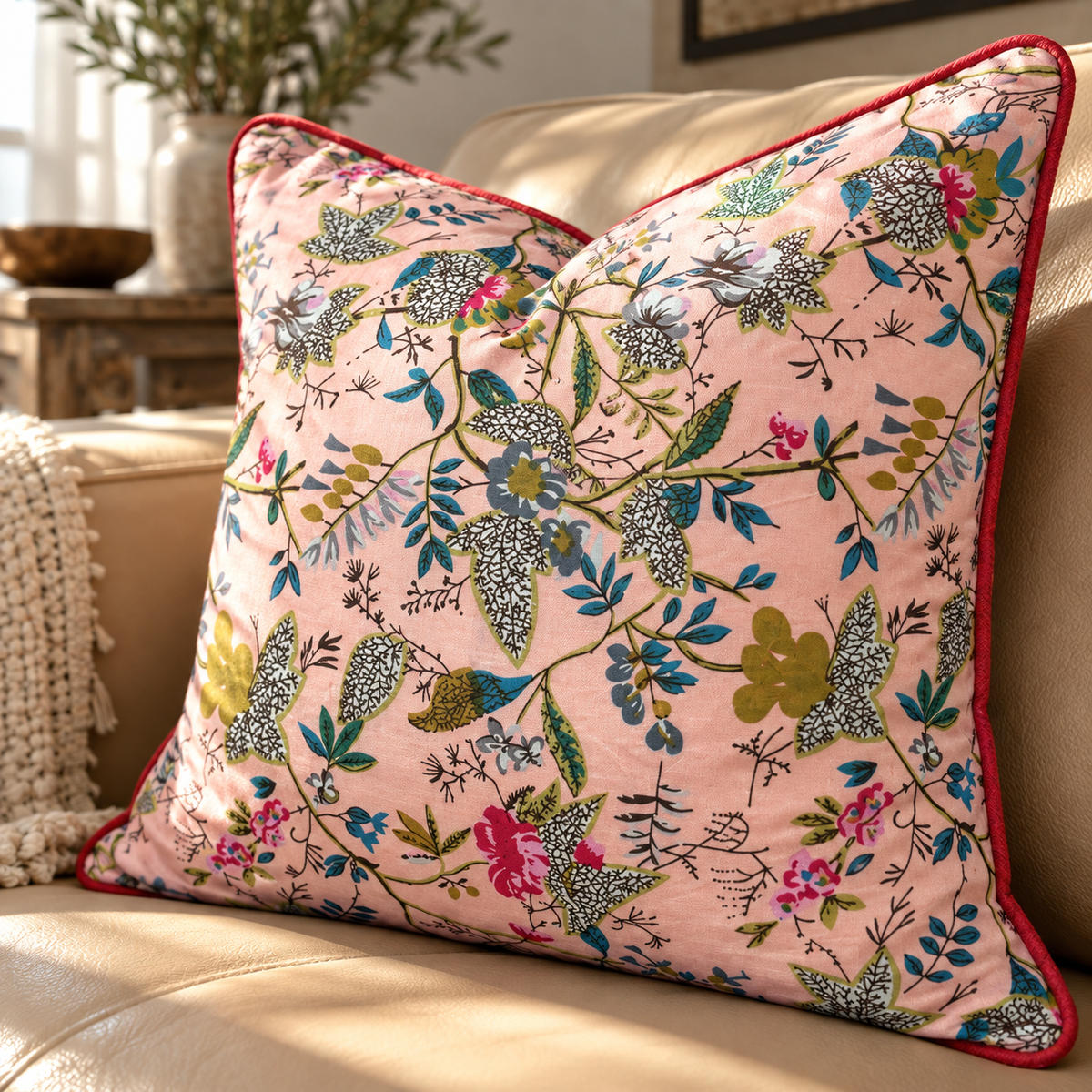 Decorative pink bird cushion cover with red piping for living room styling