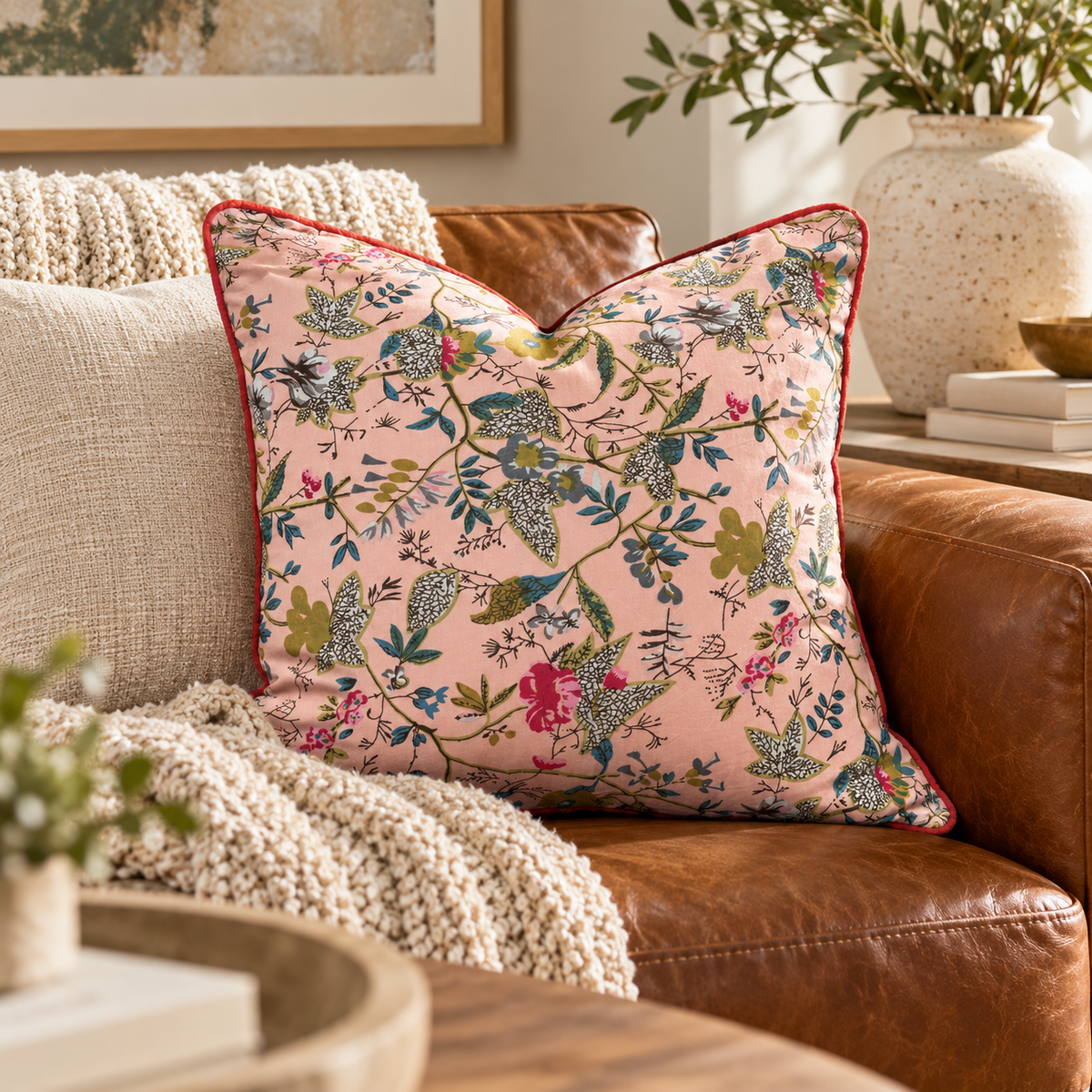 Pink floral cushion cover 45x45cm styled on neutral sofa