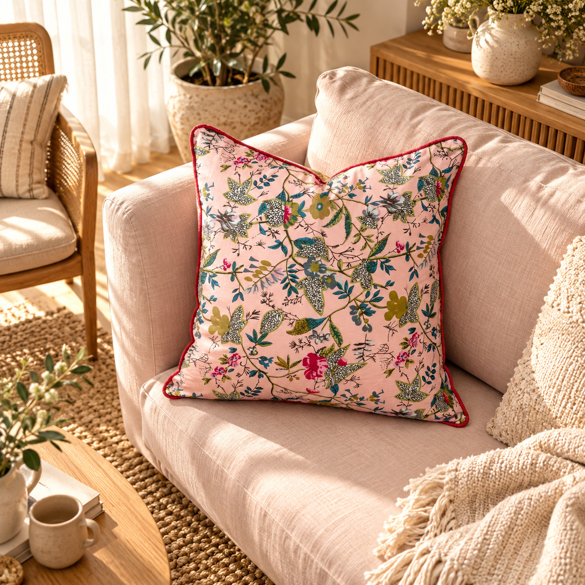 Cotton velvet floral cushion cover on beige lounge with botanical decor