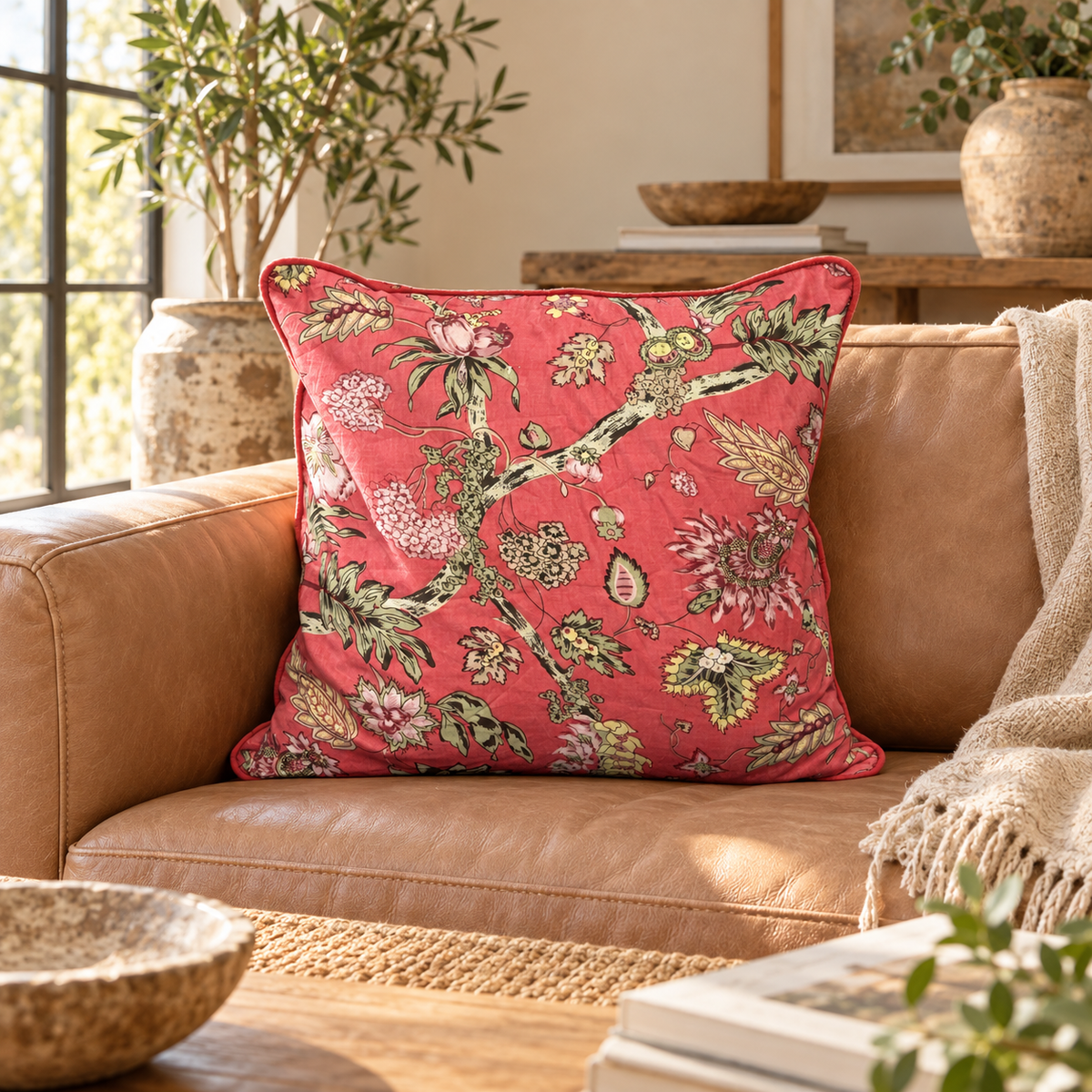 Pink floral cotton velvet cushion cover styled on tan leather sofa