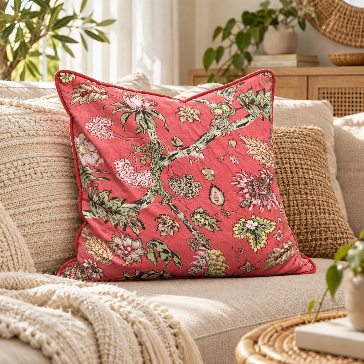 Pink floral cushion cover 45x45cm on neutral boho couch