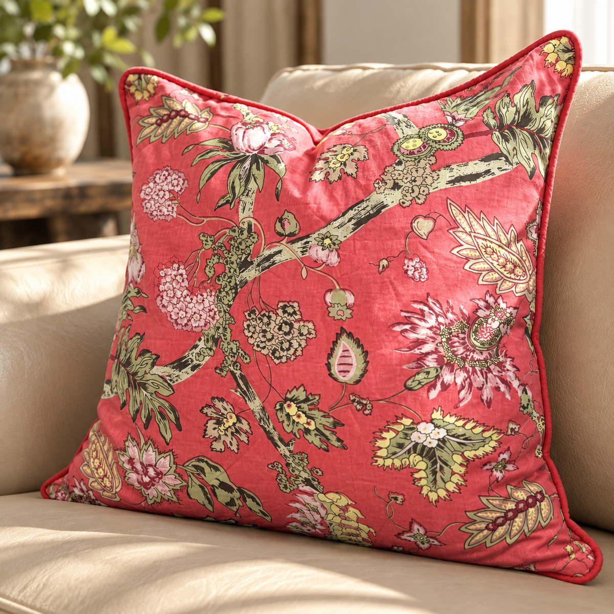 Decorative cotton velvet cushion cover with pink botanical design