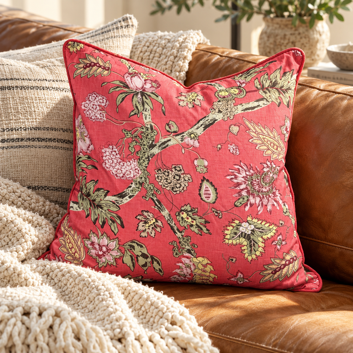 Floral pink throw pillow cover styled with cream cushions and textured throw