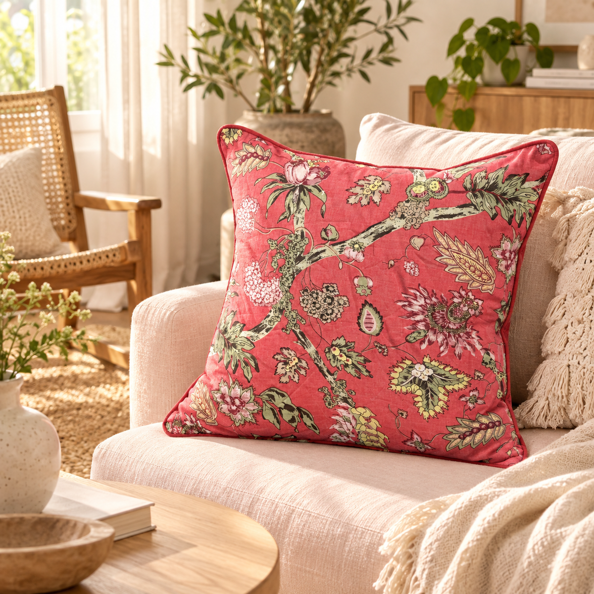 Botanical pink cushion cover with floral branch print for sofa styling