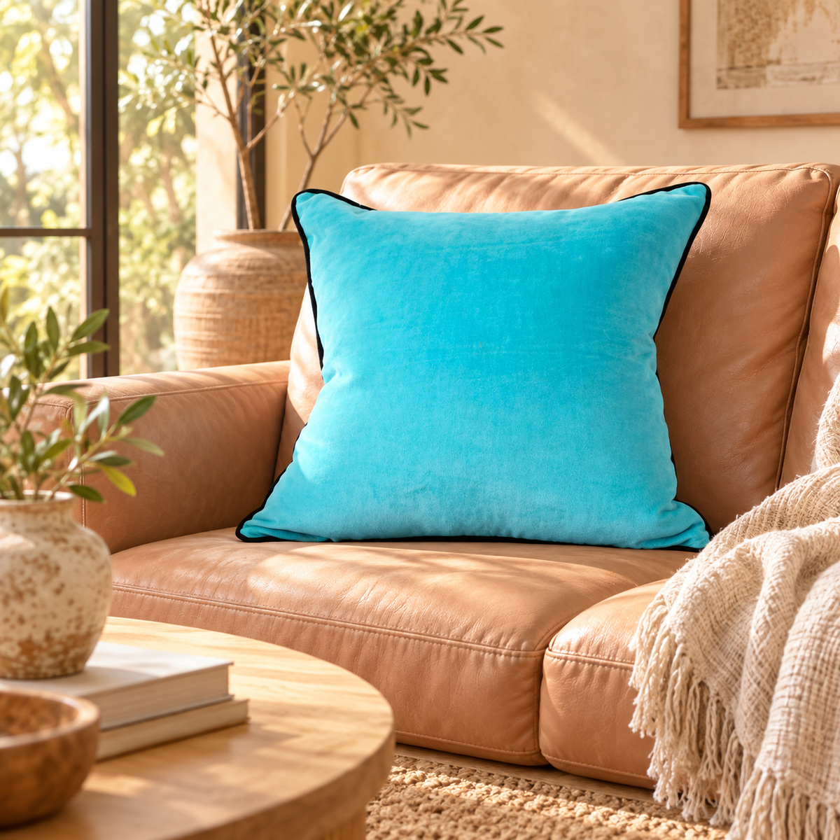 Turquoise cotton velvet cushion cover with black piping on tan leather sofa