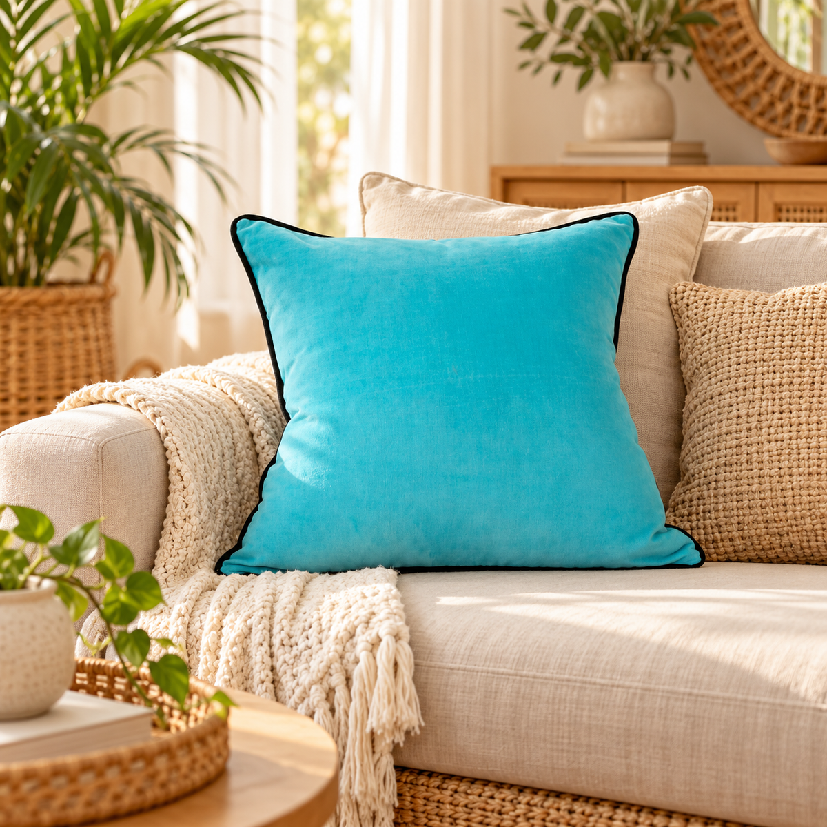 Turquoise cotton velvet cushion cover with black piping on tan leather sofa