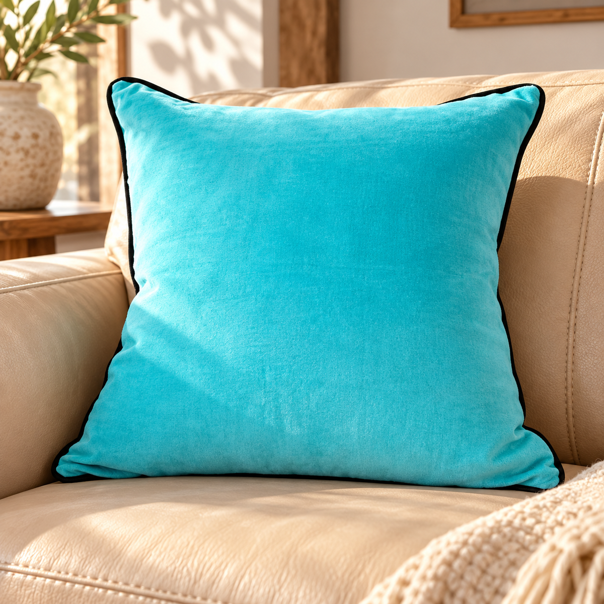 Plain blue cushion cover 45x45cm with contrast black piping
