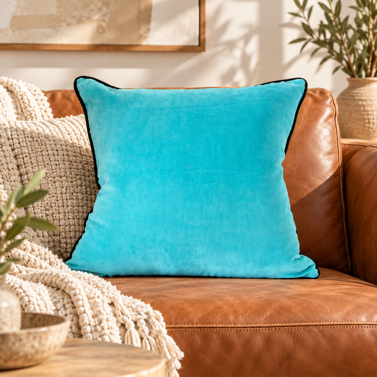 Soft cotton velvet cushion cover in turquoise blue for modern home decor
