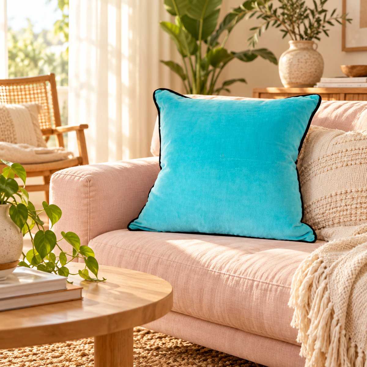 Linen Connections turquoise cushion cover with black edge piping
