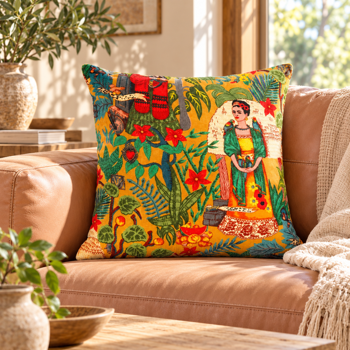 Colourful portrait-style cushion cover with tropical floral artwork