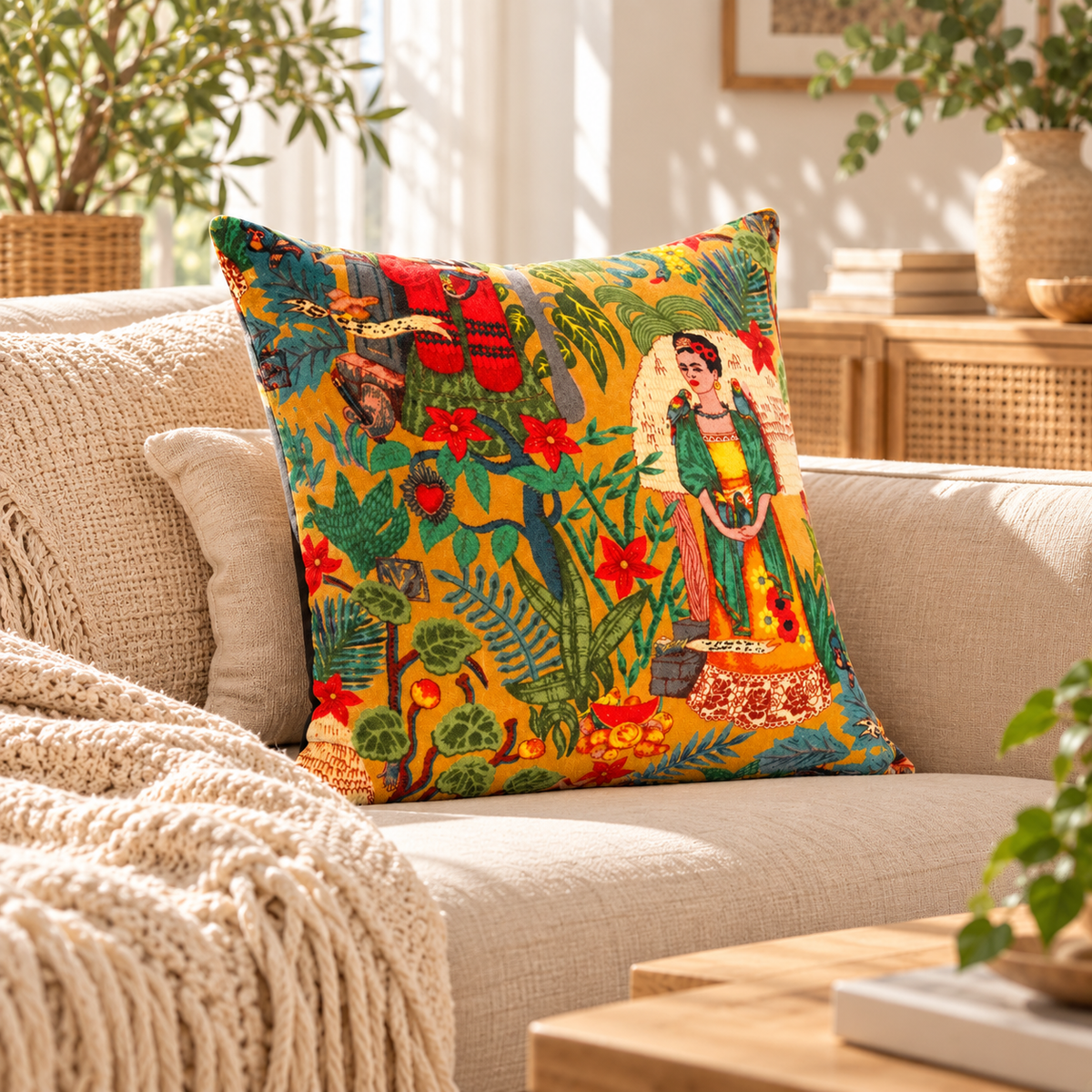 Yellow green and red boho cushion cover styled on neutral sofa