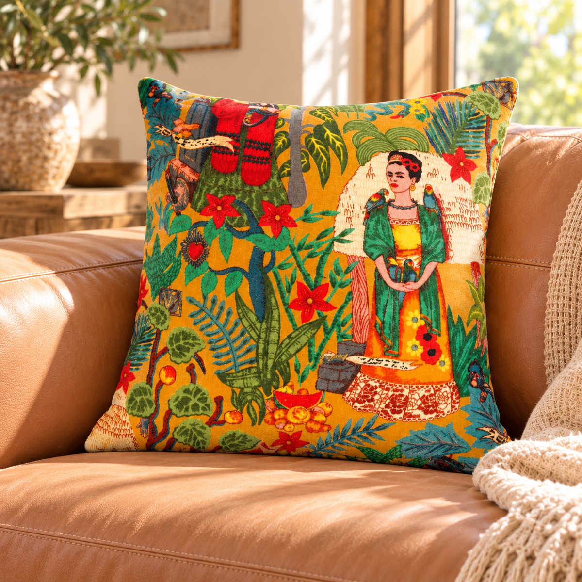 Tropical floral cushion cover with portrait artwork and bold colours