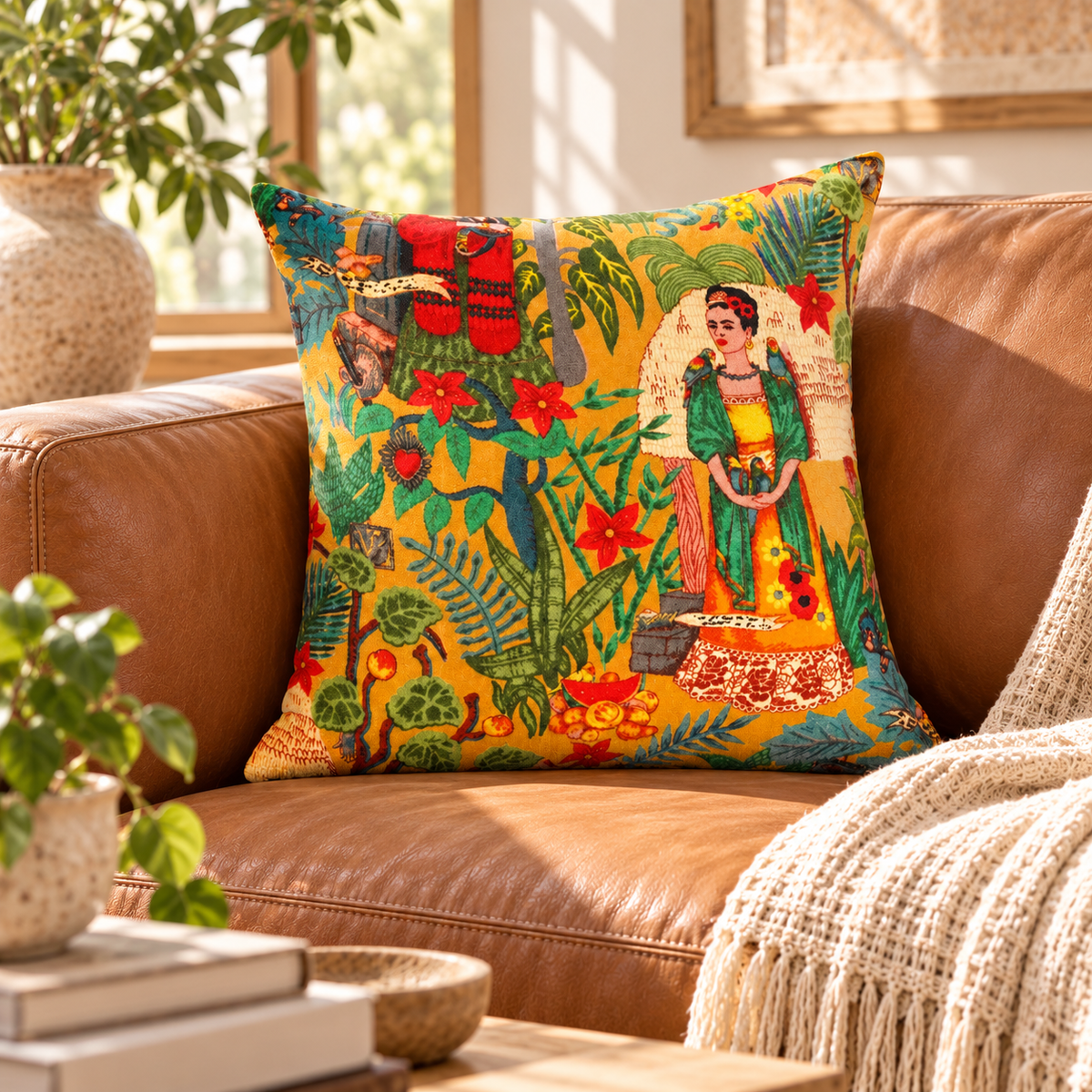 Frida-style tropical cotton velvet cushion cover on tan leather sofa