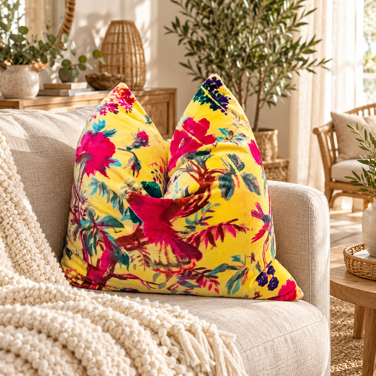 'Folkloric Flair' 100% Cotton Velvet Cushion Cover - 45x45cms