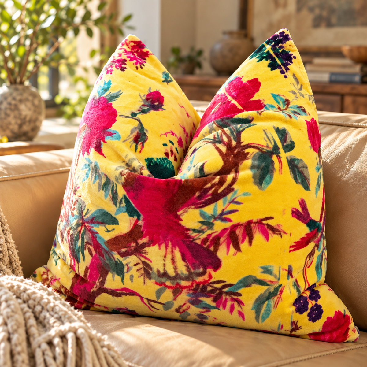 'Folkloric Flair' 100% Cotton Velvet Cushion Cover - 45x45cms