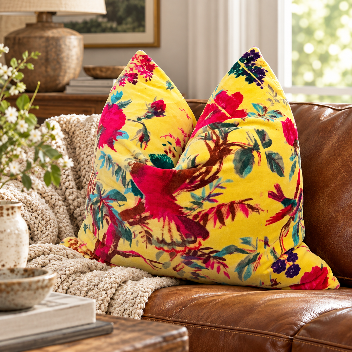 'Folkloric Flair' 100% Cotton Velvet Cushion Cover - 45x45cms